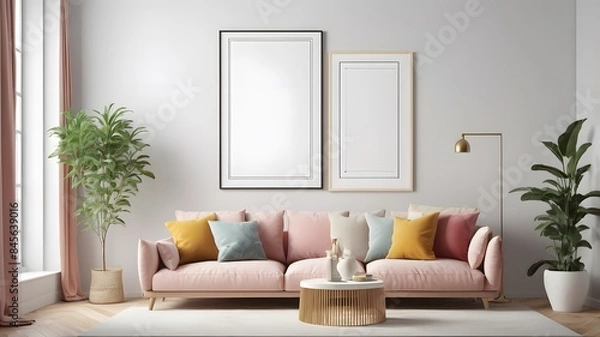 Fototapeta Mock up poster frame in modern interior background, living room, Scandinavian style, 3D rendering,living room, Scandinavian style