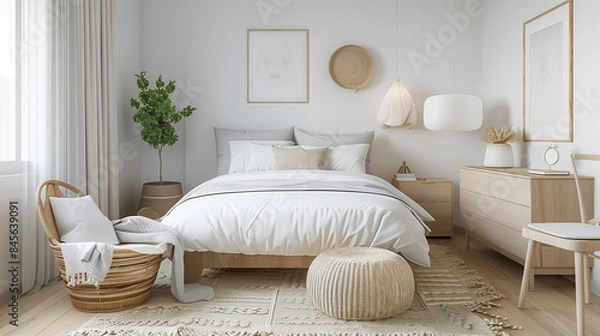 Fototapeta A contemporary minimalist kids' bedroom with streamlined furniture, a neutral color scheme, subtle decor elements