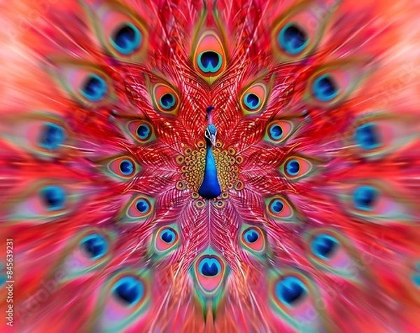 Fototapeta Red and pink abstract background with blurred red peacock feathers in the style of a kaleidoscope effect with motion blur