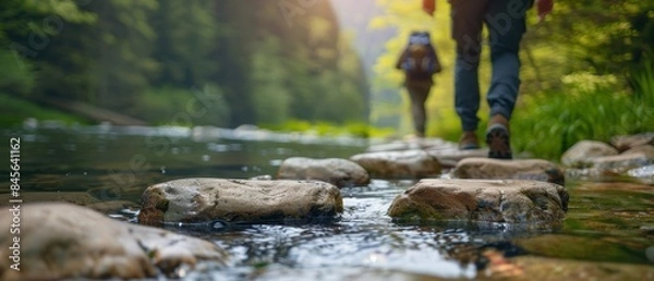 Fototapeta Hikers crossing a clear, bright river with stepping stones, surrounded by nature, minimalistic shapes with space for text