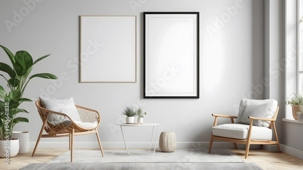 Fototapeta Mock up poster frame in modern interior background, living room, Scandinavian style, 3D rendering,living room, Scandinavian style