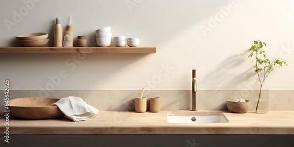 Fototapeta Minimalist kitchen with sustainable dishwashing tools indoor decor architecture view background