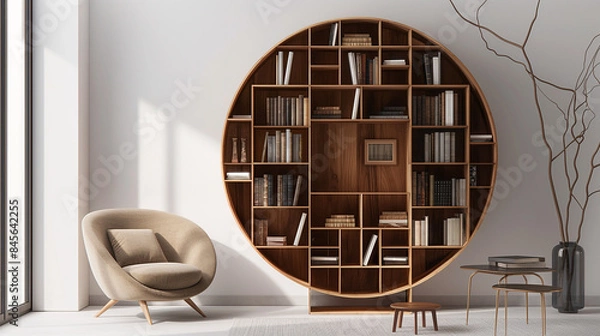 Fototapeta modern circular wooden bookshelves with multiple compartments