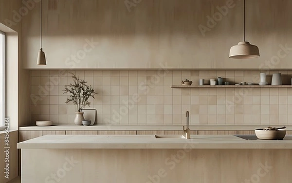 Fototapeta Scandinavian minimalist kitchen interior design with island, white wooden cabinets and beige tile wall background