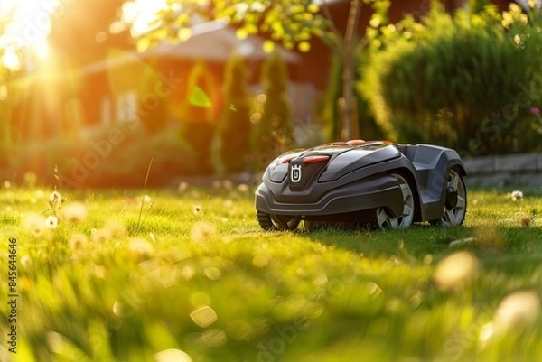 Fototapeta robot lawnmower stands on the lawn against the background of the house