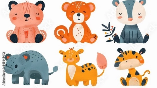 Fototapeta Playful and cute whimsical animals, hand-drawn by flat colors, six distinct animals, isolated on white, no collisions, full frame