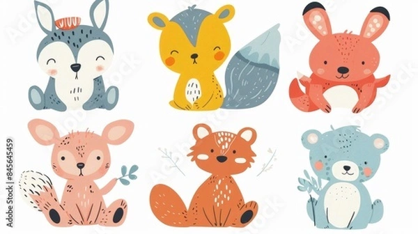 Fototapeta Six whimsical animals, hand-drawn in flat colors, cute and playful poses, white background, no edges or overlap, full frame