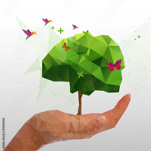 Fototapeta Illustration of geometric polygonal tree in hand 