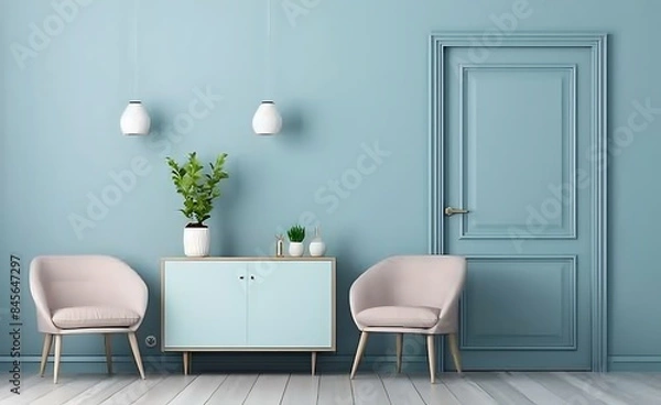 Fototapeta Stylish interior design of a modern living room with a cabinet, armchairs and a door on a blue wall background