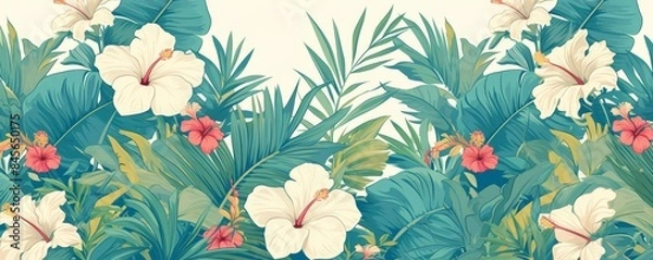 Obraz Tropical foliage background featuring white hibiscus flowers and lush green palm leaves
