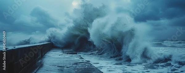 Fototapeta Powerful waves crashing against a sea wall during a storm, 4K hyperrealistic photo
