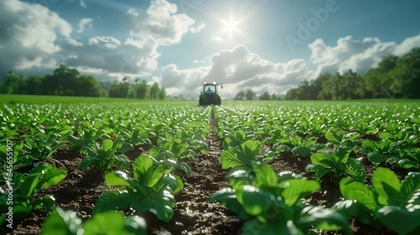 Fototapeta green tractor plowing field under blue sky with clouds generated with AI