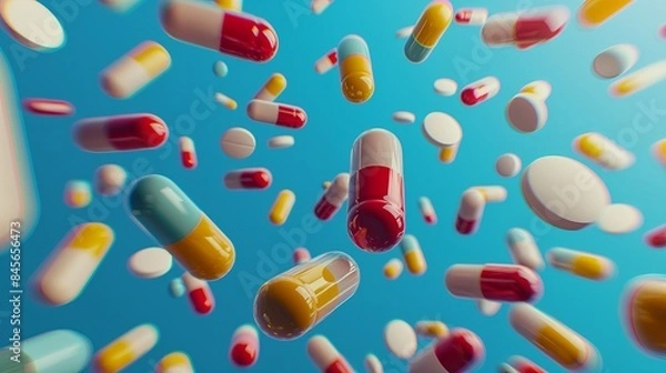 Fototapeta Various pills and capsules floating on a blue background. Suitable for medical, pharmaceutical, and health-related content. Generated AI