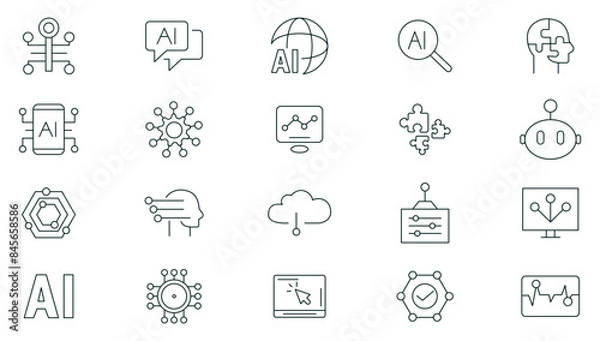 Fototapeta Artificial intelligence line icon collection. AI technology, Machine learning, smart robotic, cloud computing network, digital AI technology, algorithm, outline icon set. Thin icons pack.