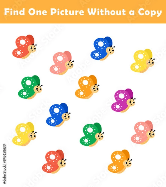 Fototapeta Find One Picture Without a Copy for Preschool Children. Find same picture worksheet for kids. Worksheet for kindergarten-aged children with cute butterfly illustration.