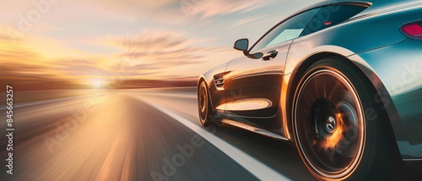 Fototapeta Sports car speeding on a highway during sunset. Great for automotive, speed, and travel themes. Generated AI