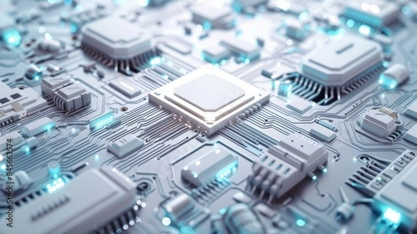 Fototapeta Illustration of a high-tech circuit board of the future in white colors, quantum computer, 3D printer, future technology, futuristic, great for scientific articles, white high-tech background