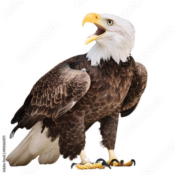 Fototapeta a bald eagle standing on its hind legs with its mouth open, displaying its sharp beak and white head.