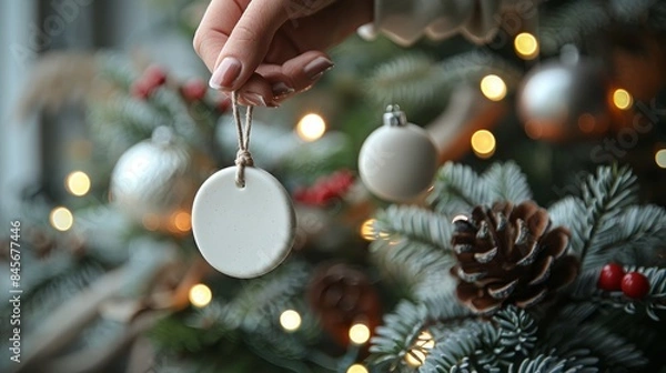 Obraz white circle ceramic flat onament hanging on christmas branch tree, 