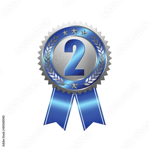 Fototapeta Second prize silver medal on isolated white background. Award badge with blue ribbon. Champion symbol of victory in competitive games. Vector illustration.