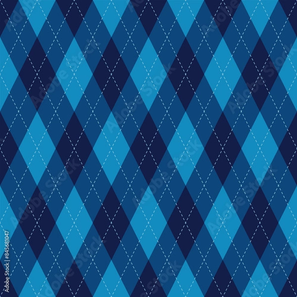 Fototapeta Seamless blue rhombus argyle pattern. Dark and light diamond shape background, white dotted line seam. Texture design for textiles, clothes, fabrics, tiles, posters, walls. Vector illustration.