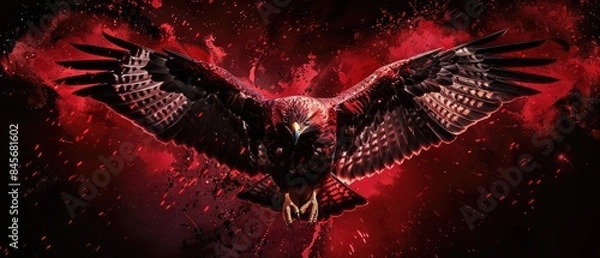 Obraz A photo of a red hawk with wings spread wide, surrounded by dynamic red and black abstract splashes.