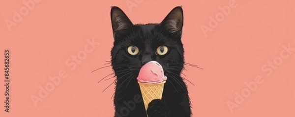 Fototapeta Cat holding an ice cream cone with one paw, minimalistic illustration, pastel colors