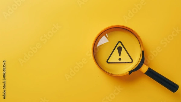 Obraz A yellow warning triangle inside a magnifying glass on a yellow background, with copy space, indicates a maintenance warning and emphasizes the concept of risk.
