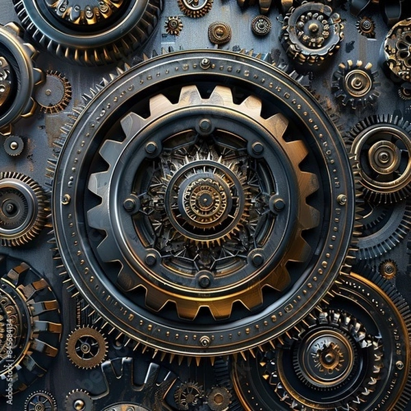 Obraz The image shows a complex arrangement of interlocking gears and cogs of various sizes and designs. The gears are metallic with a mix of bronze and steel tones, exhibiting intricate details and texture