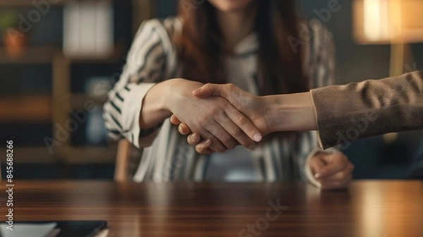 Obraz man and woman professional individuals are in a cheerful business meeting, shaking hands across a table in a modern office setting