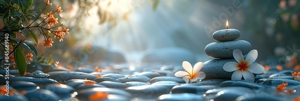 Obraz Banner, Meditation paraphernalia, relaxation center, Thai massage, rock balancing, towel rolled into a roller, flowers, candles and water for relaxation. space for text