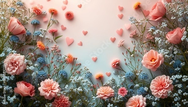 Obraz A frame of beautiful roses a white background, a place for text, mockup