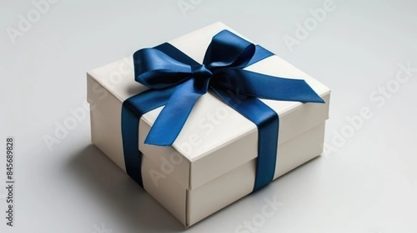 Obraz Gift box for the holidays adorned with a blue ribbon against a white background