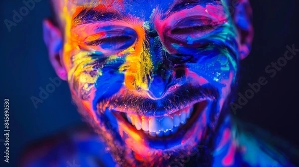 Fototapeta Portrait of a pumped-up man at a disco. Fluorescent paint on face in with UV light