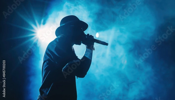 Fototapeta Silhouette of rap singer performing on stage. Bright blue background with hip hop artist performing on concert in night club 