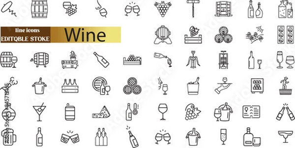 Fototapeta Wine icon set with editable stroke and white background