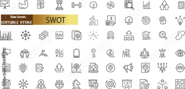 Fototapeta SWOT analysis of strengths, weaknesses, opportunities and threats editable stroke outline icons