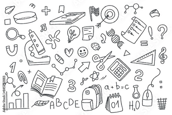 Fototapeta Set of doodle elements back to school. White student stationery on a dark background.  School and Education supplies in sketch style. Vector graphics