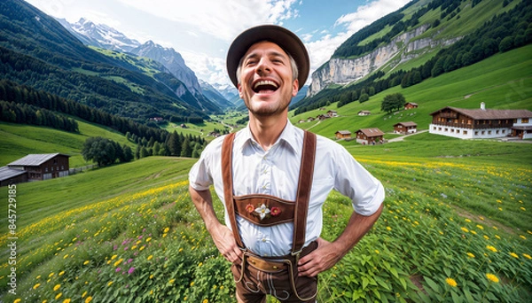 Obraz Joyful Swiss Yodler in Traditional Attire Amidst Alpine Meadow and Chalets
