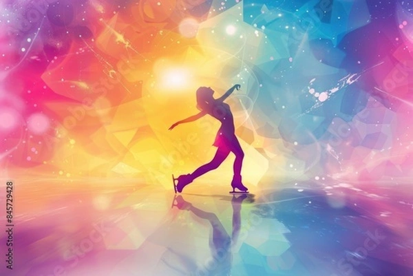 Fototapeta A woman skates on a vibrant background with bold colors and patterns