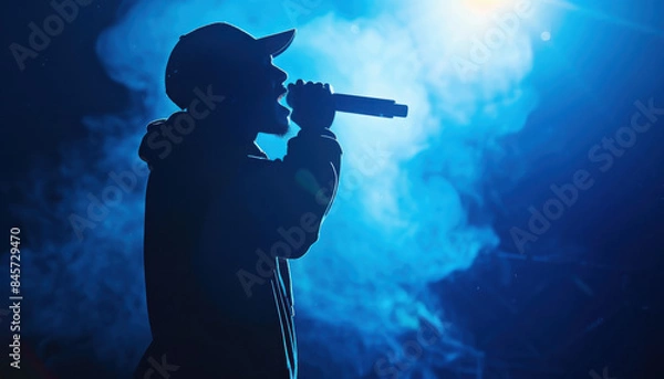 Obraz Silhouette of rap singer performing on stage. Bright blue background with hip hop artist performing on concert in night club