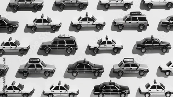 Fototapeta A collection of vehicles parked on a table surface