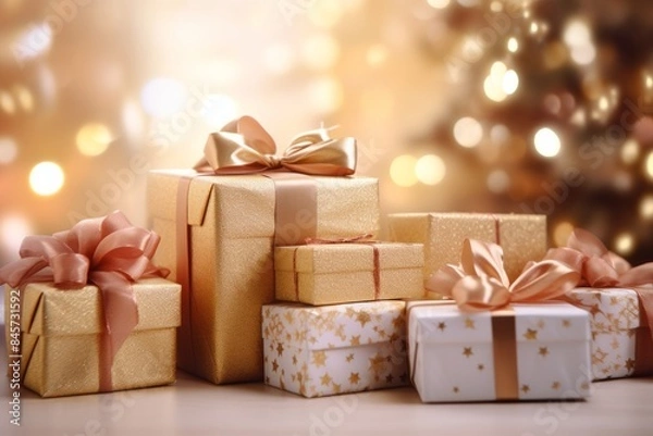 Obraz A pile of beautifully wrapped Christmas gift boxes with ribbons and bows, set against a soft-focus background of a decorated Christmas tree and twinkling lights
