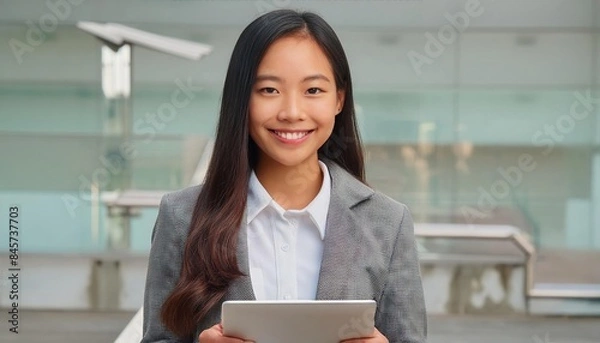 Fototapeta woman with long dark hair, wearing a gray suit jacket over a white blouse, stands smiling and looking directly at the camera, holding a digital tablet