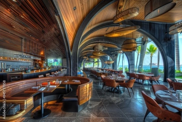 Fototapeta A modern restaurant with tables and chairs overlooking the ocean, suitable for romantic dinners or special occasions