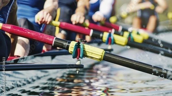 Obraz A group of rowers in uniform sitting in their boats, waiting to start a race or practice session