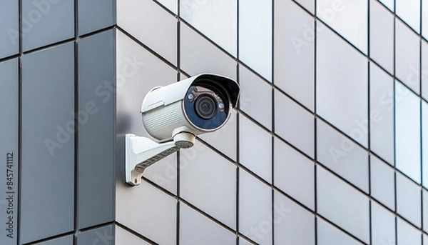 Fototapeta close-up of a security camera on the wall of a modern business bulding on the street, copy space