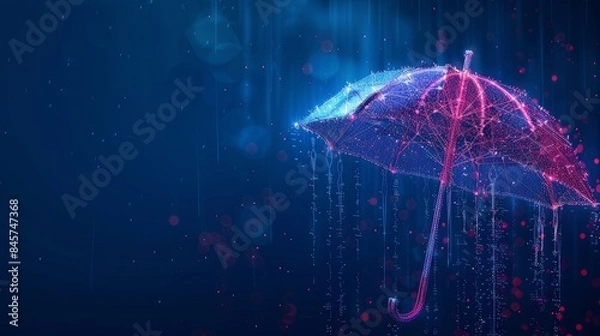 Fototapeta A banner depicts a futuristic umbrella with rain concept in glowing low poly style against a blue backdrop offering ample copy space