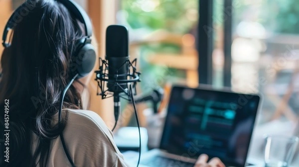 Fototapeta Person working on podcast production with professional microphone and laptop in a cozy home studio. Focused on audio editing.