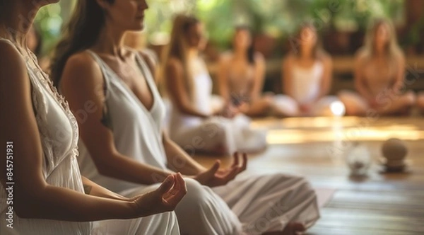 Obraz Yoga coach holding hands of women group during holistic healing session. sitting in circle meditating together doing breathing exercises giving support at body care training